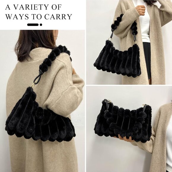 Faux Fur Purses for Women Fluffy Tote Bag Plush Shoulder Handbag - Picture 2 of 7